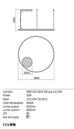 Montažní list Stmívatelné závěsné LED svítidlo Orbit 01-1949-DALI 3000K Ø 80cm, Redo Group