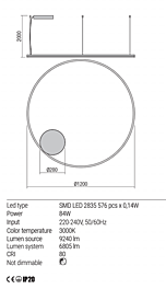 Montažní list Stmívatelné závěsné LED svítidlo Orbit 01-1716-DALI 3000K Ø 120cm, Redo Group