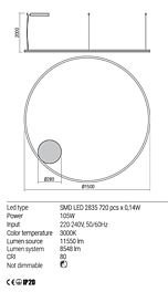 Montažní list Stmívatelné nástěnné LED svítidlo Orbit 01-1952-DALI 3000K Ø 150cm, Redo Group