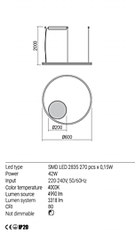 Montažní list Stmívatelné závěsné LED svítidlo Orbit 01-1961-DALI 4000K Ø 60cm, Redo Group