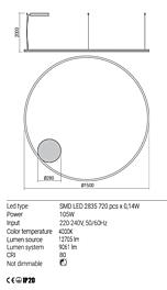 Montažní list Stmívatelné závěsné LED svítidlo Orbit 01-1965-DALI 4000K Ø 150cm, Redo Group