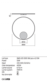 Montažní list Stmívatelné nástěnné LED svítidlo Orbit 01-1910-DALI Ø 80cm 4000K, Redo Group